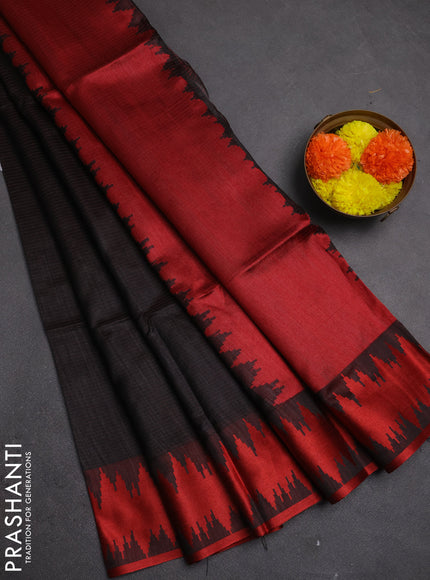Semi dupion saree black and maroon with allover thread stripe pattern and thread woven border