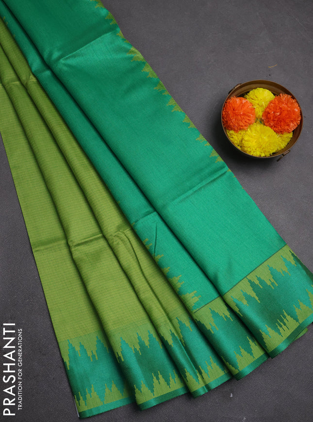 Semi dupion saree light green and teal green with allover thread stripe pattern and thread woven border