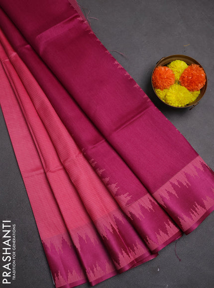 Semi dupion saree peach pink and magenta pink with allover thread stripe pattern and thread woven border
