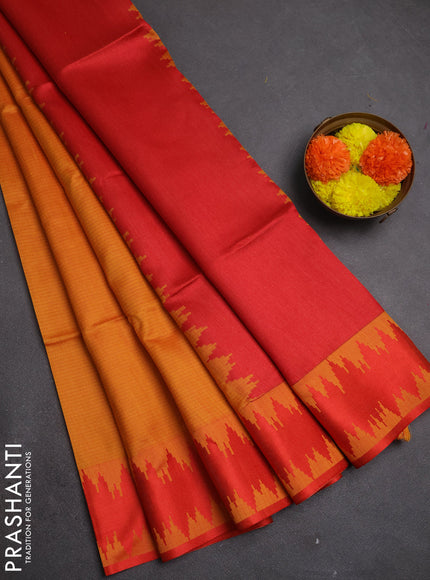 Semi dupion saree sunset orange and red with allover thread stripe pattern and thread woven border