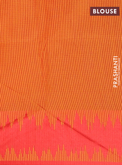 Semi dupion saree sunset orange and red with allover thread stripe pattern and thread woven border