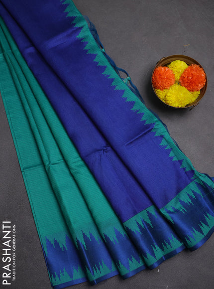 Semi dupion saree teal green and blue with allover thread stripe pattern and thread woven border