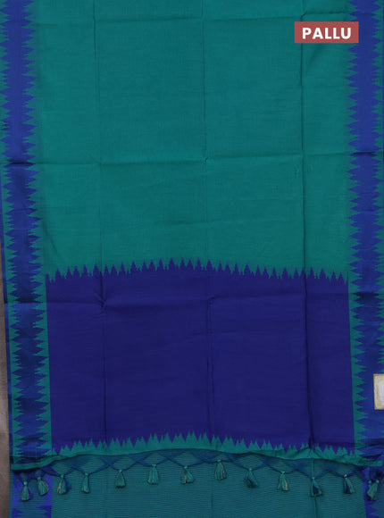 Semi dupion saree teal green and blue with allover thread stripe pattern and thread woven border