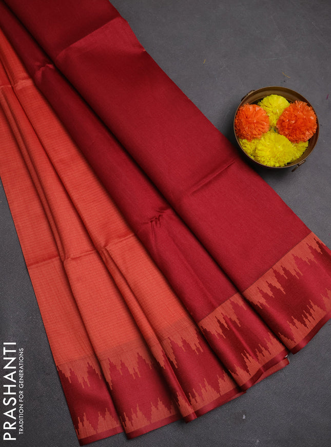 Semi dupion saree peach orange and maroon with allover thread stripe pattern and thread woven border