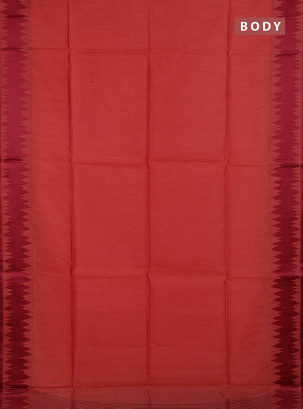 Semi dupion saree peach orange and maroon with allover thread stripe pattern and thread woven border