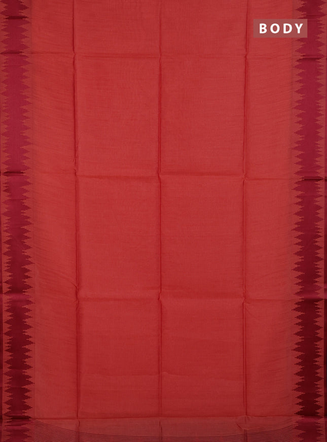 Semi dupion saree peach orange and maroon with allover thread stripe pattern and thread woven border