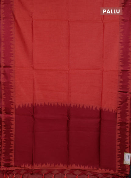 Semi dupion saree peach orange and maroon with allover thread stripe pattern and thread woven border