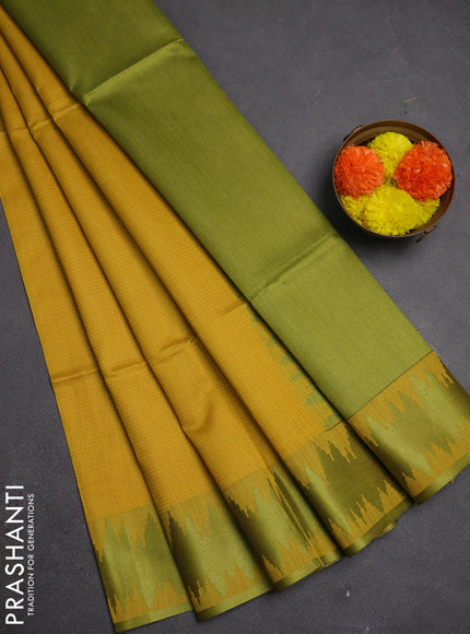 Semi dupion saree mustard yellow and light green with allover thread stripe pattern and thread woven border