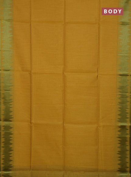 Semi dupion saree mustard yellow and light green with allover thread stripe pattern and thread woven border