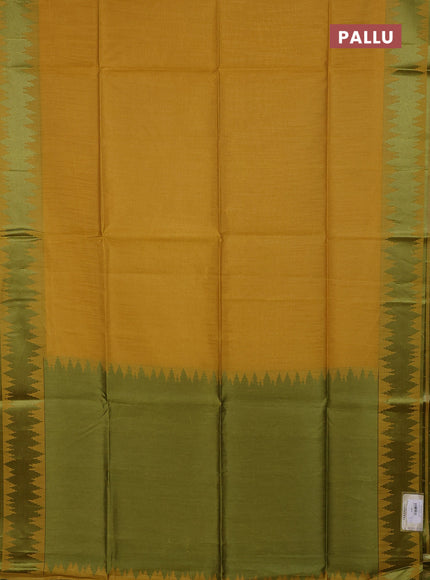 Semi dupion saree mustard yellow and light green with allover thread stripe pattern and thread woven border