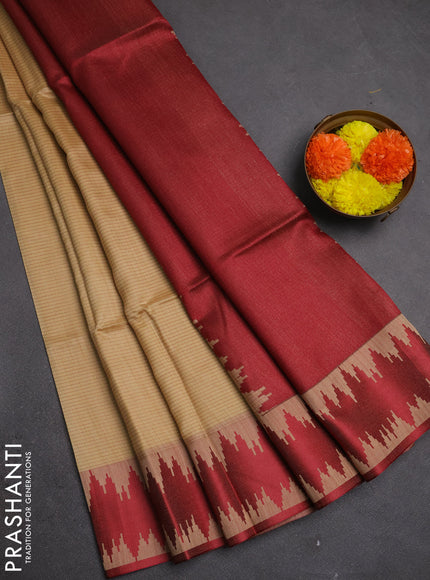 Semi dupion saree beige and maroon with allover thread stripe pattern and thread woven border