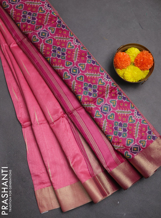 Semi dupion saree peach pink and magenta pink with allover thread stripe pattern and thread woven border