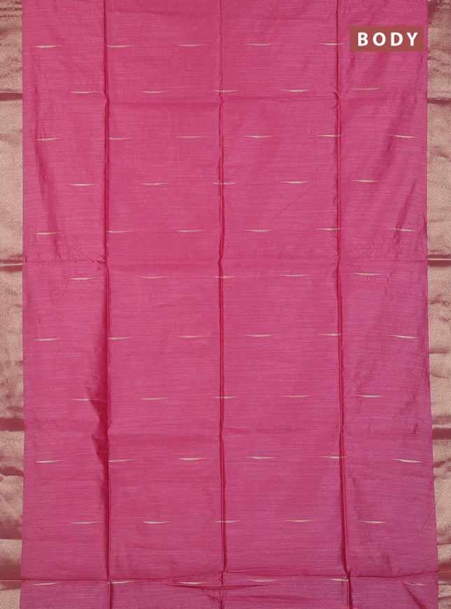 Semi dupion saree peach pink and magenta pink with allover thread stripe pattern and thread woven border