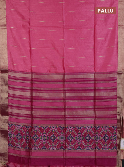 Semi dupion saree peach pink and magenta pink with allover thread stripe pattern and thread woven border
