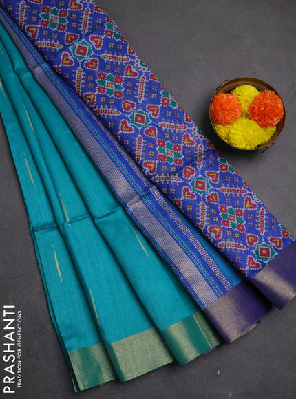 Semi dupion saree teal green and blue with allover zari woven buttas and zari woven border