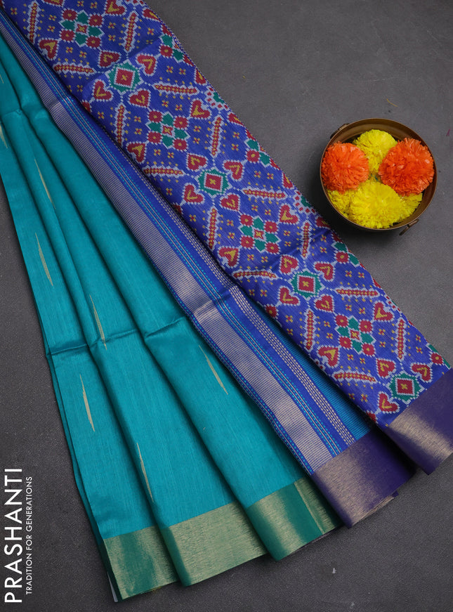 Semi dupion saree teal green and blue with allover zari woven buttas and zari woven border