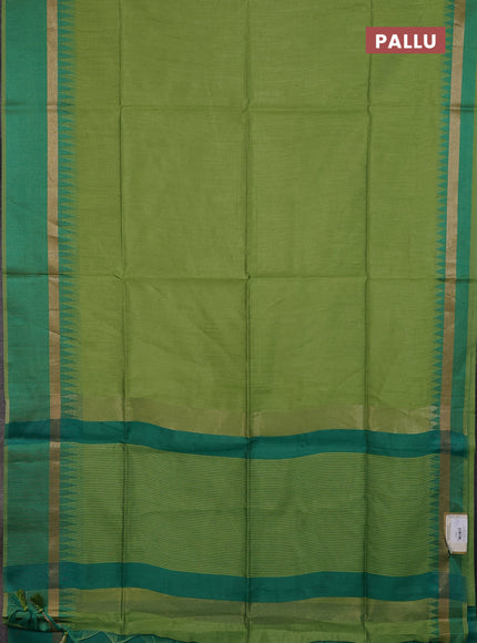 Semi dupion saree light green and teal green with plain body and temple design woven border