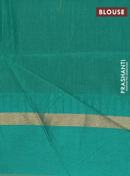 Semi dupion saree light green and teal green with plain body and temple design woven border