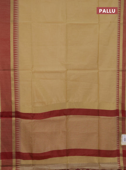 Semi dupion saree beige and maroon with plain body and temple design woven border