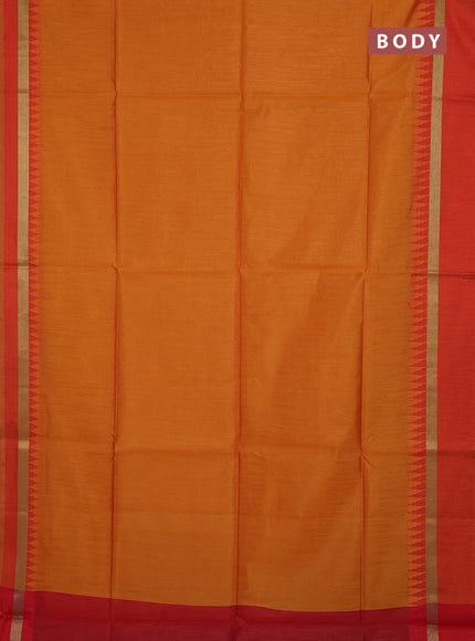 Semi dupion saree sunset orange and red with plain body and temple design woven border
