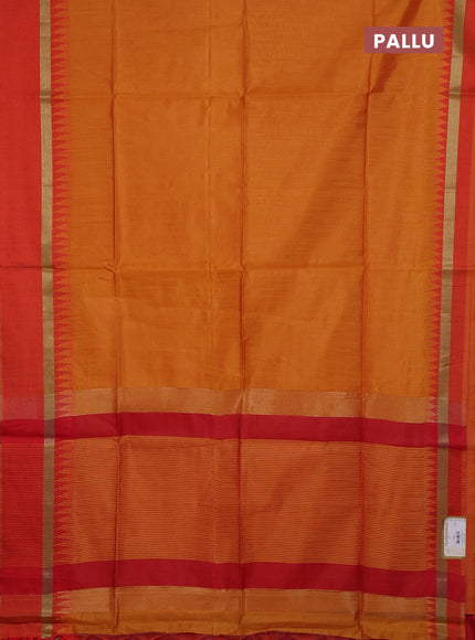 Semi dupion saree sunset orange and red with plain body and temple design woven border