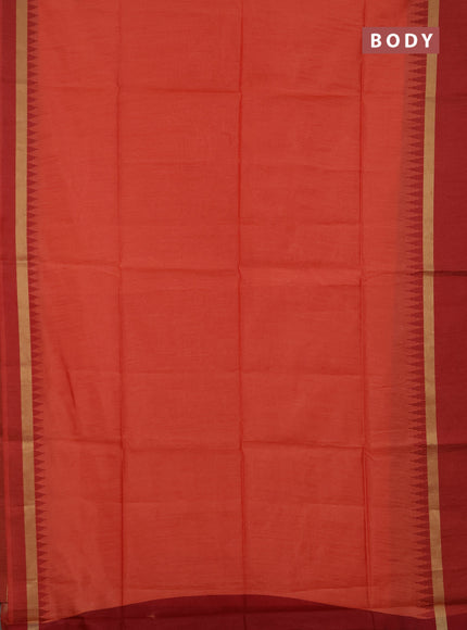 Semi dupion saree peach orange and maroon with plain body and temple design woven border
