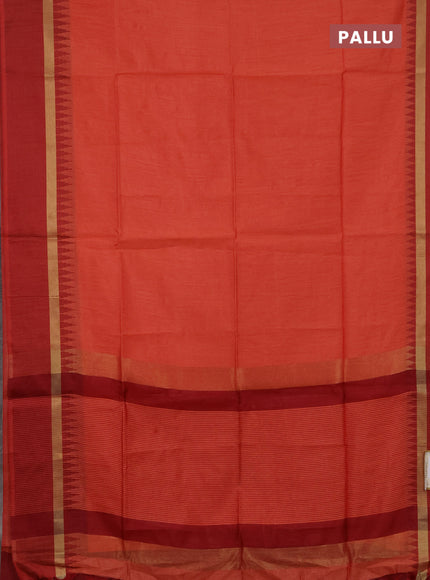 Semi dupion saree peach orange and maroon with plain body and temple design woven border