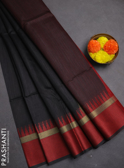 Semi dupion saree black and maroon with plain body and temple design woven border