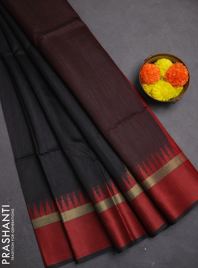 Semi dupion saree black and maroon with plain body and temple design woven border