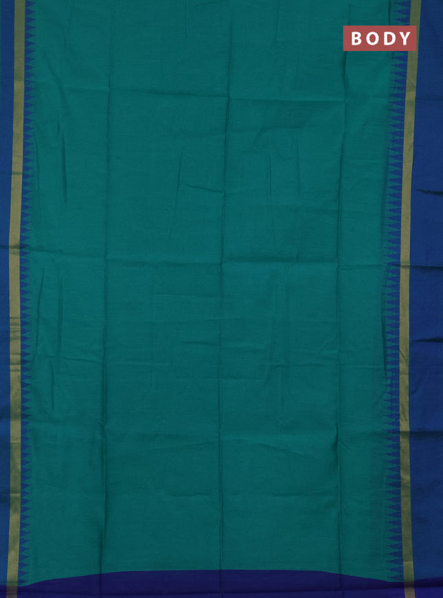 Semi dupion saree teal green and blue with plain body and temple design woven border