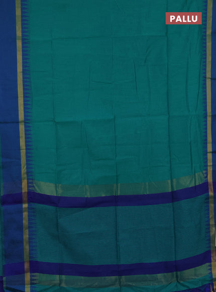 Semi dupion saree teal green and blue with plain body and temple design woven border