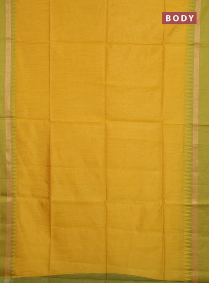 Semi dupion saree mustard yellow and light green with plain body and temple design woven border