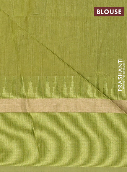 Semi dupion saree mustard yellow and light green with plain body and temple design woven border