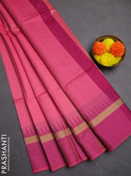 Semi dupion saree peach pink and magenta pink with plain body and temple design woven border