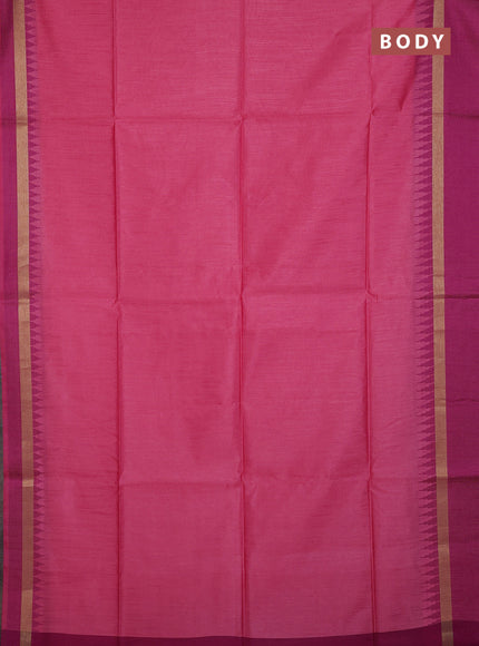 Semi dupion saree peach pink and magenta pink with plain body and temple design woven border
