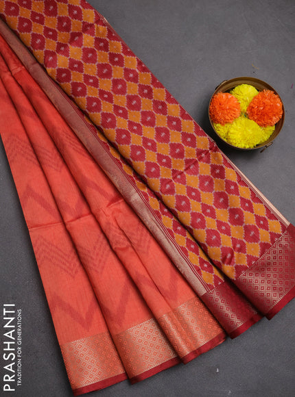 Semi dupion saree peach orange and maroon with allover thread zigzag weaves and zari woven border