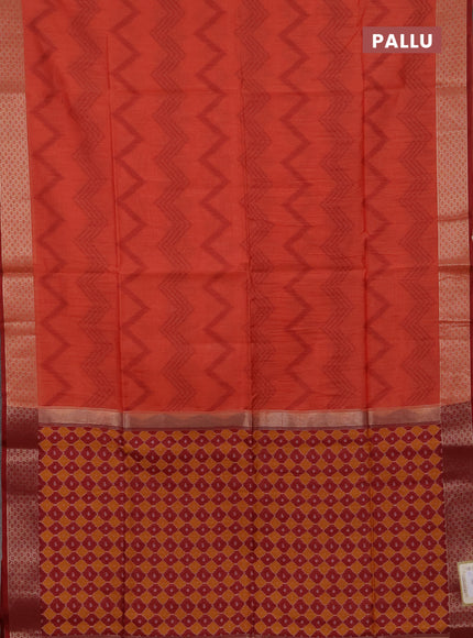 Semi dupion saree peach orange and maroon with allover thread zigzag weaves and zari woven border