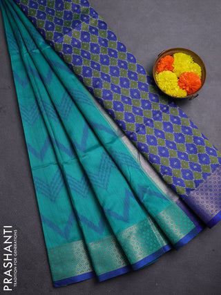 Semi dupion saree teal green and blue with allover thread zigzag weaves and zari woven border