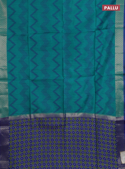 Semi dupion saree teal green and blue with allover thread zigzag weaves and zari woven border