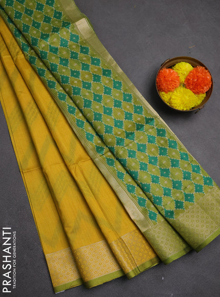 Semi dupion saree mustard yellow and light green with allover thread zigzag weaves and zari woven border