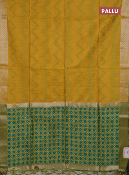 Semi dupion saree mustard yellow and light green with allover thread zigzag weaves and zari woven border