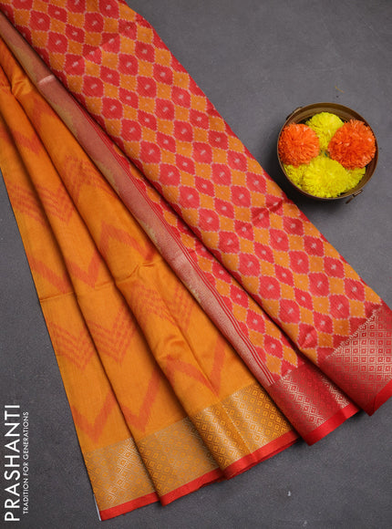 Semi dupion saree sunset orange and red with allover thread zigzag weaves and zari woven border