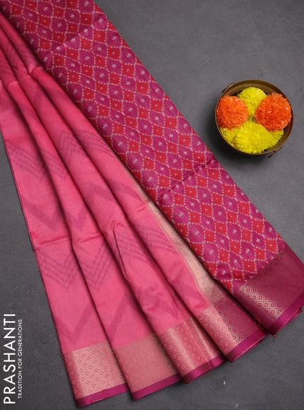 Semi dupion saree peach pink and magenta pink with allover thread zigzag weaves and zari woven border