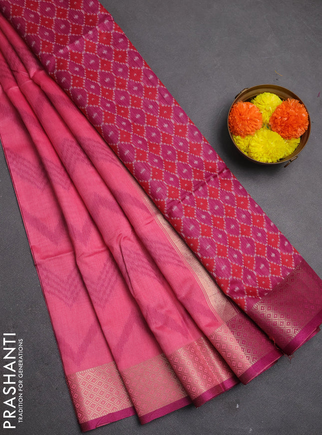 Semi dupion saree peach pink and magenta pink with allover thread zigzag weaves and zari woven border