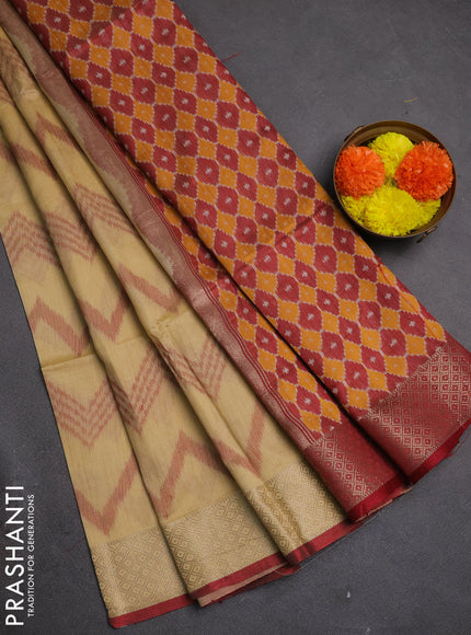 Semi dupion saree beige and maroon with allover thread zigzag weaves and zari woven border