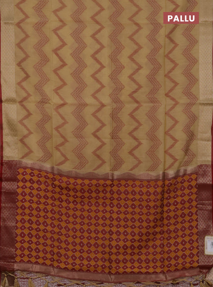 Semi dupion saree beige and maroon with allover thread zigzag weaves and zari woven border