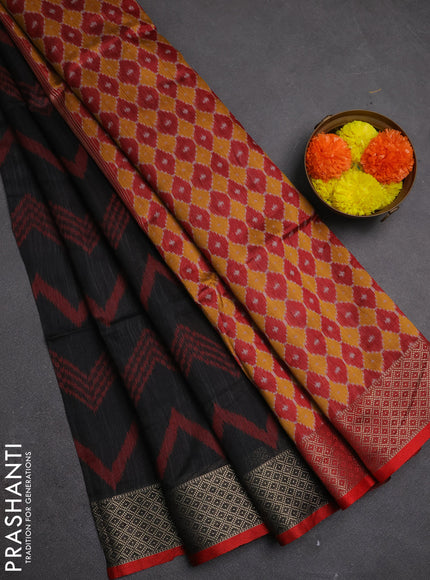 Semi dupion saree black and maroon with allover thread zigzag weaves and zari woven border
