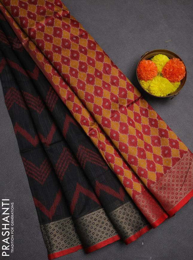 Semi dupion saree black and maroon with allover thread zigzag weaves and zari woven border
