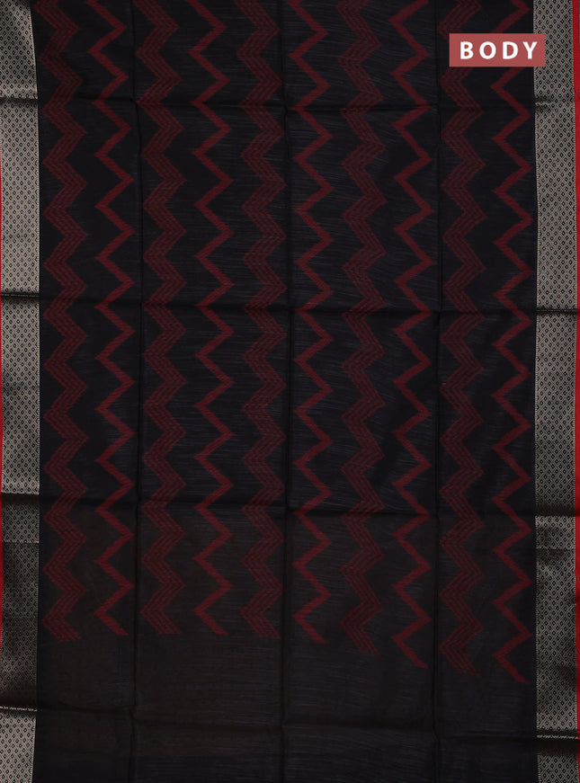 Semi dupion saree black and maroon with allover thread zigzag weaves and zari woven border