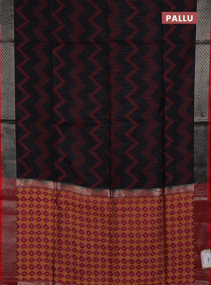 Semi dupion saree black and maroon with allover thread zigzag weaves and zari woven border